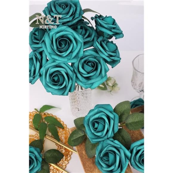Artificial Flowers Foam Roses 25 pcs Peacock Green Mother's Day Fake Roses DIY - Picture 4 of 7